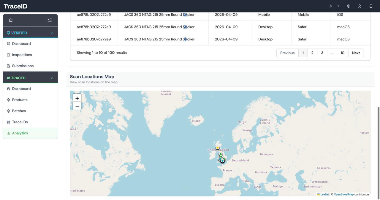 Traced scan analytics, with scans plotted on a map and per-trace-ID figures