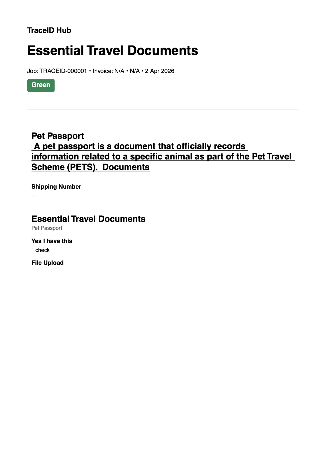 A page of a Verified PDF report with the job reference header and status result